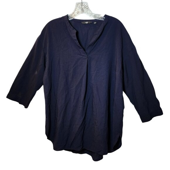 Uniqlo Blouse L Navy Blue 3/4 Sleeve Pullover Tunic Top Minimalist Preowned - Picture 2 of 7